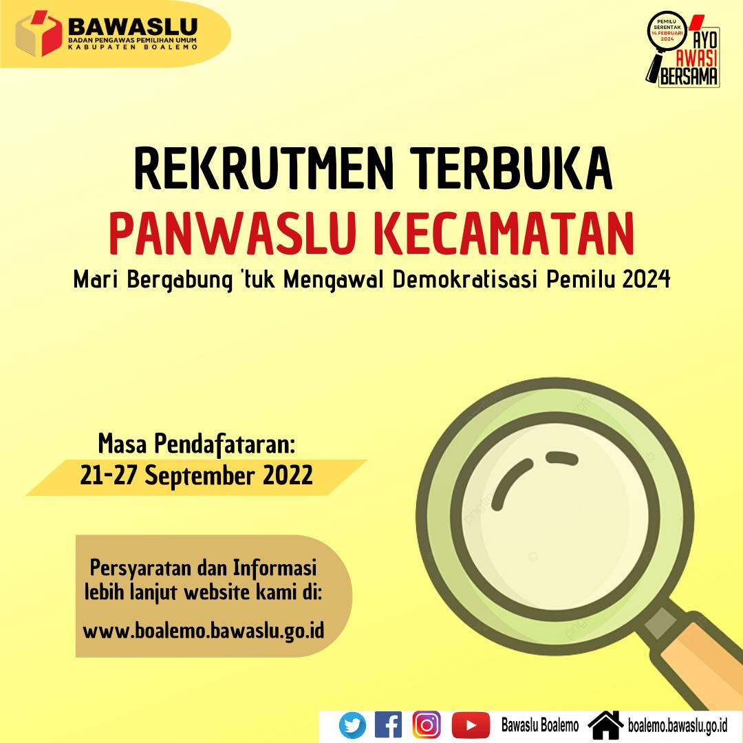 PENGUMUMAN SELEKSI CALON ANGGOTA PENGAWAS PEMILU TINGKAT KECAMATAN SE-KABUPATEN BOALEMO